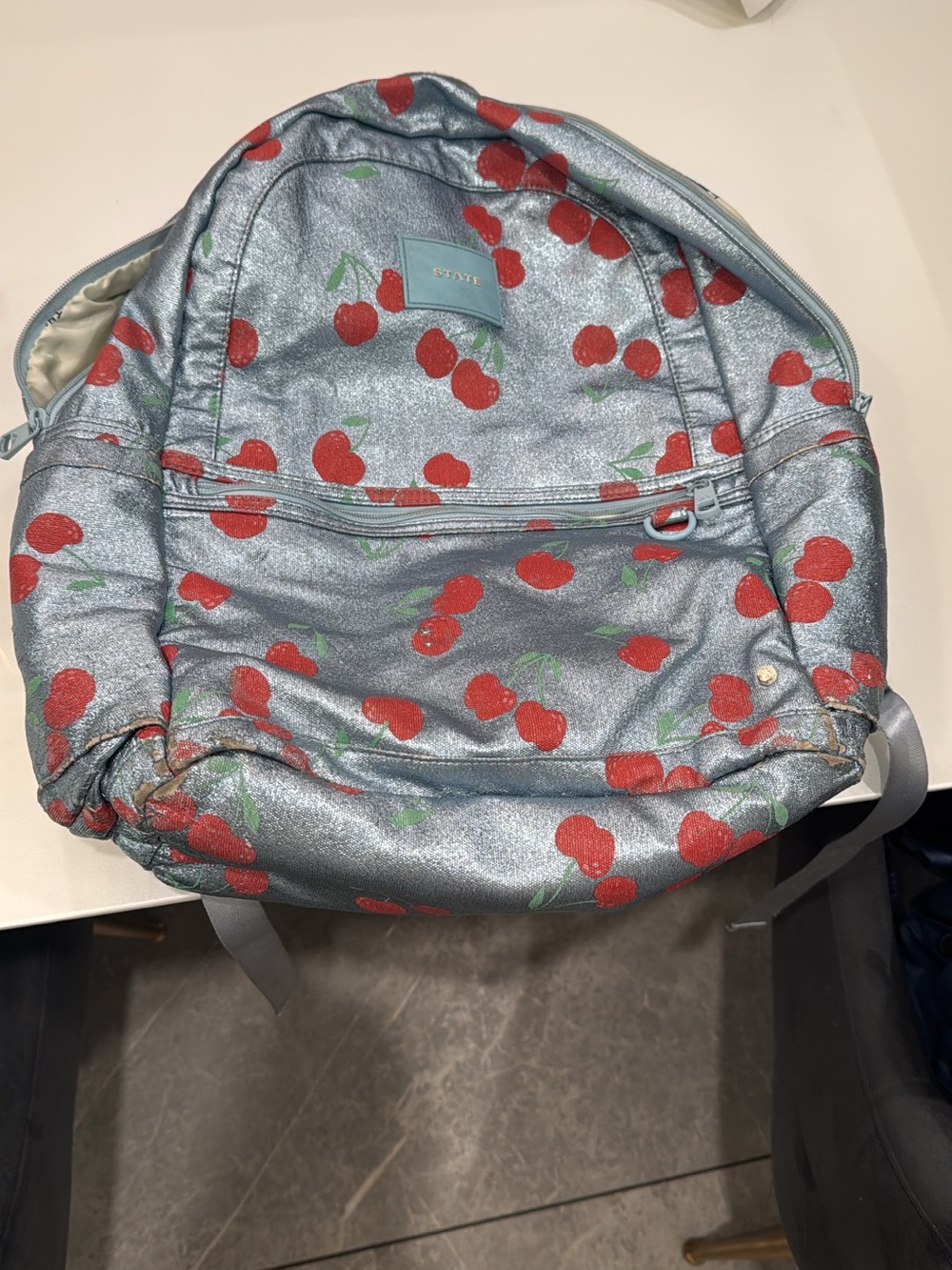 STATE Kids Backpack Silver with Red Cherry Print